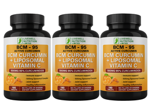 3X BCM Curcumin + Liposomal Vitamin C BCM-95 Active Curcumin X1 VitaCap 180 Tablets