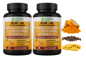 2X BCM Curcumin + Liposomal Vitamin C BCM-95 Active Curcumin X1 VitaCap 180 Tablets