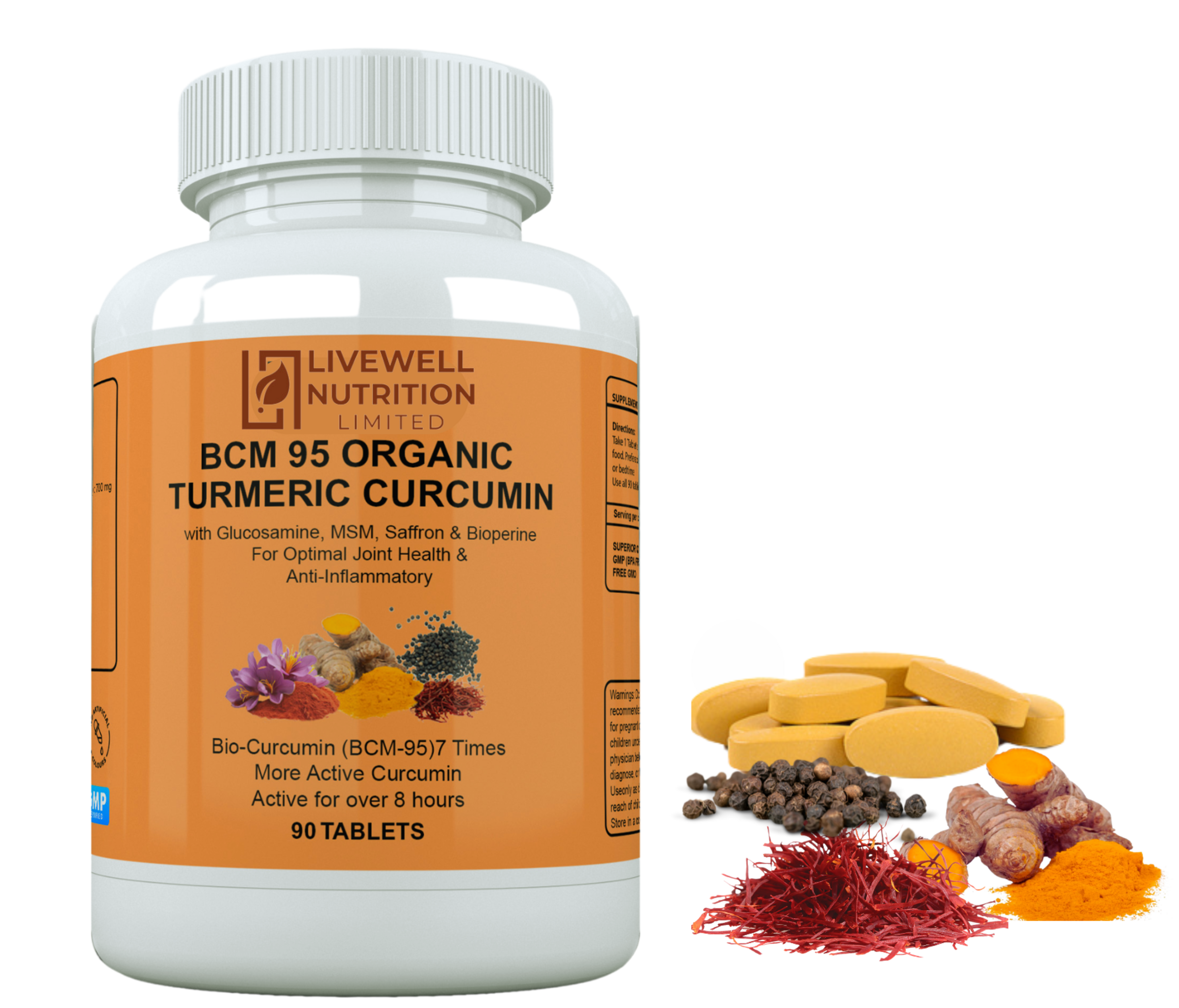 BCM 95 ORGANIC TURMERIC CURCUMIN with Glucosamine, MSM, Saffron& Bioperine For Optimal Joint Health & Anti-Inflammatory