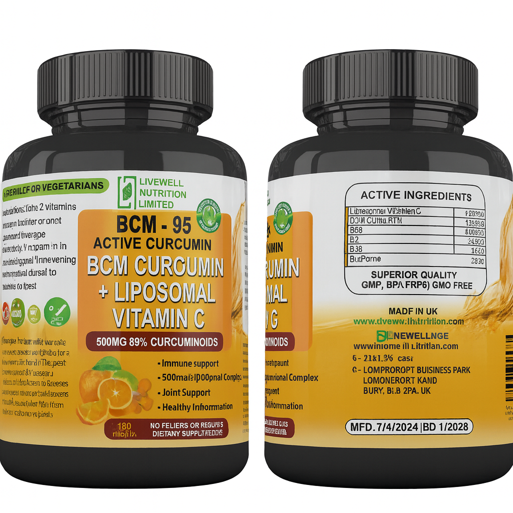 BCM Turmeric Curcumin + Liposomal Vitamin C BCM-95 Active Curcumin  X1 VitaCap  180 Tablets