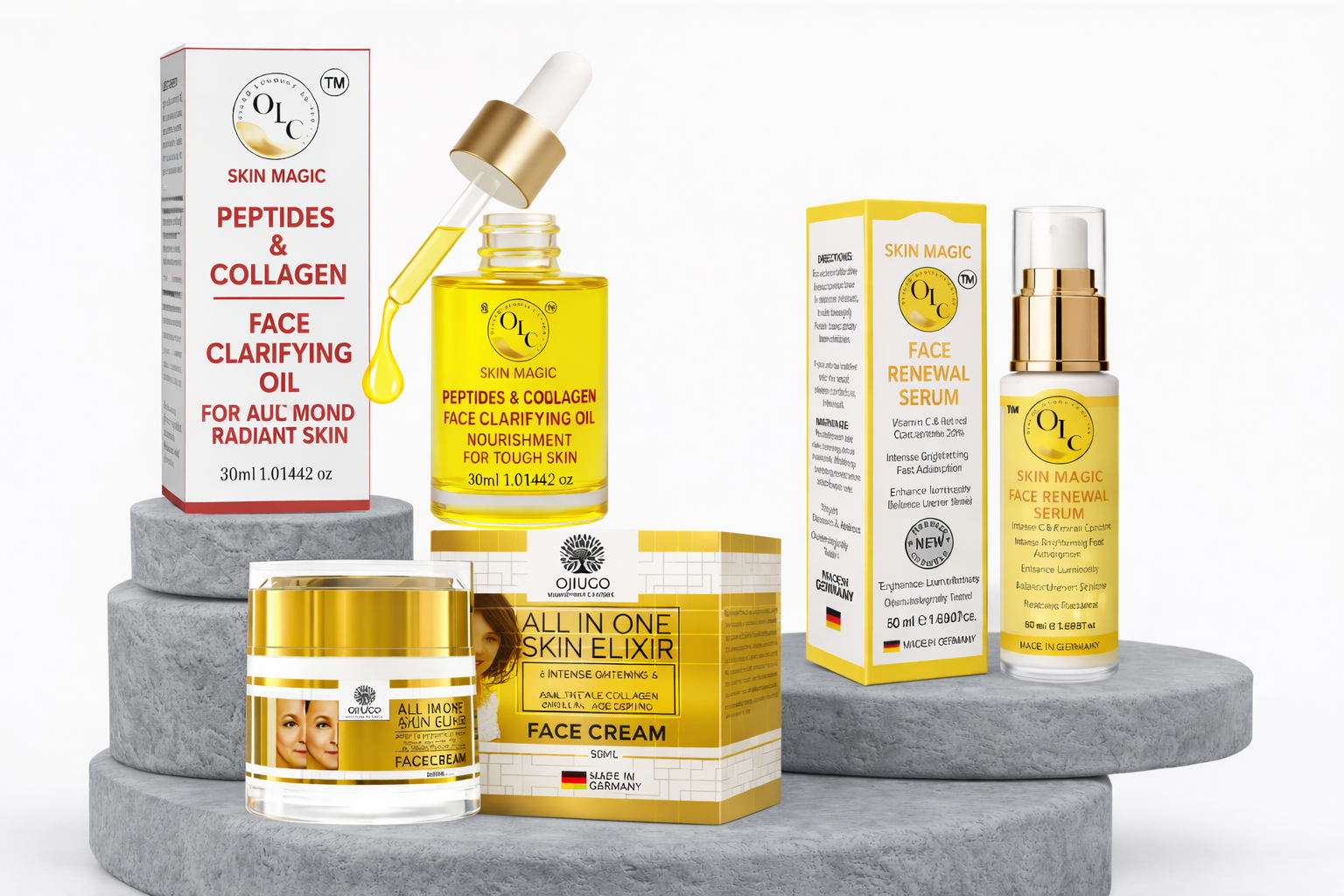 Ultimate Radiance Trio  Brightening • Hydrating • Age-Defying Includes:  50ml Intense Brightening & Moisturising Face Cream 50ml Face Renewal Serum 50ml Peptides Clarifying Face Oil