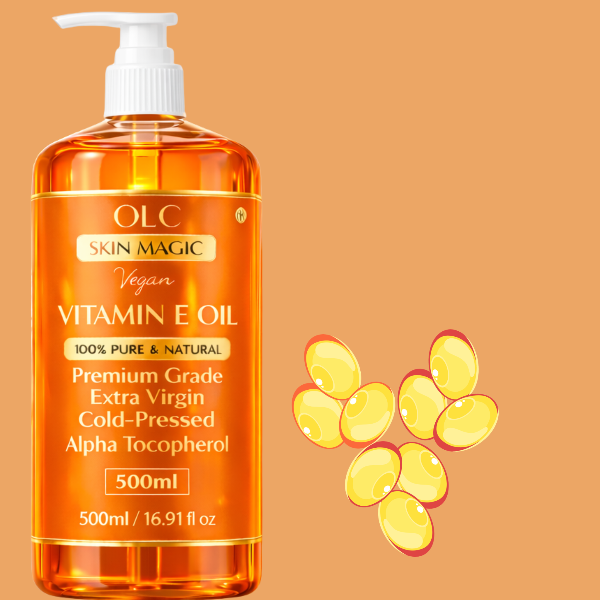 OLC Vitamin E Oil 20,000 IU – 100% Pure & Natural Cold-Pressed Vitamin E Oil for Skin, Face, Scars, Hair, Scalp & Nails | Non-GMO Verified | Deep Nourishing Hair & Body Oil | 500ml
