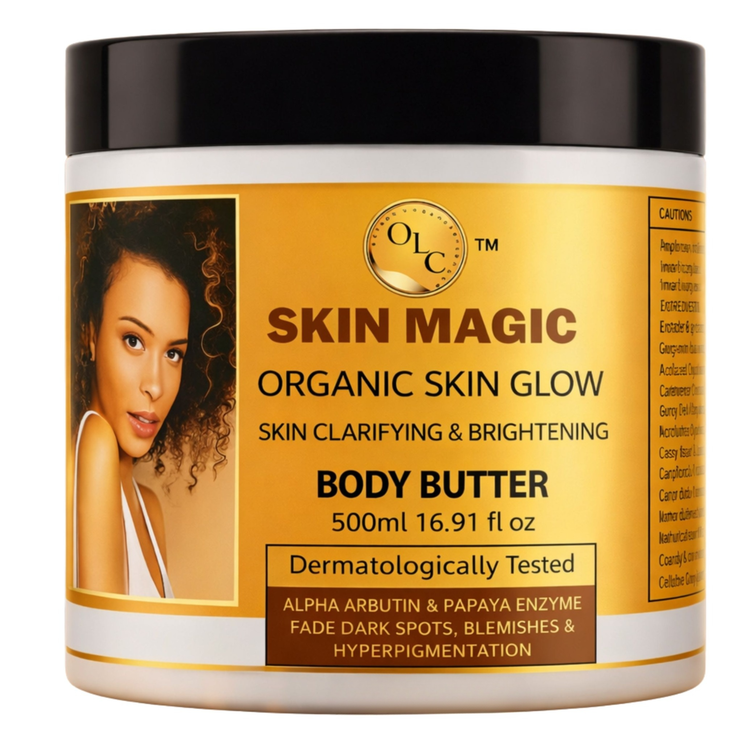 Organic Skin Glow Clarifying & Brigthening Body Butter 500ml 16.91 ﬂ oz Dermatologically Tested  ALPHA ARBUTIN & PAPAYA ENZYME   FADE DARK SPOTS, BLEMISHES & HYPERPIGMENTATION