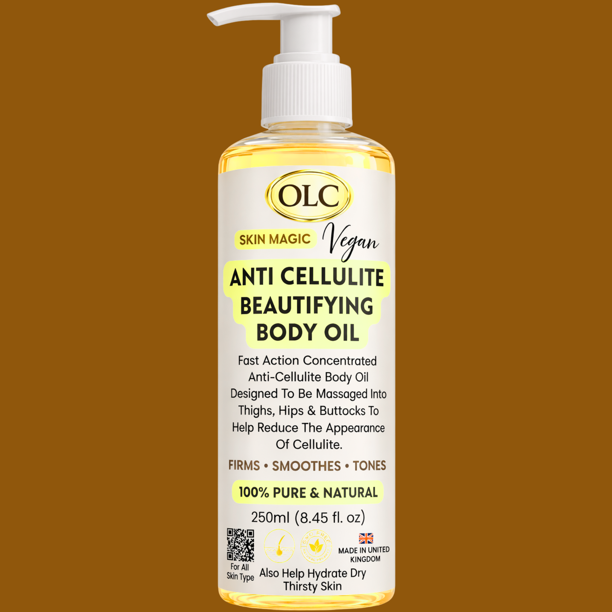 Anti Cellulite Beautifying Body Oil Fast Action Light Gold Concentrated Designed To Be Massaged Into Thighs, Hips & Buttocks To Help Reduce The Appearance Of Cellulite. 250ml (8.45 f. oz)