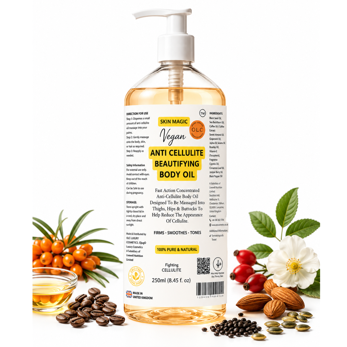 Anti Cellulite Beautifying Body Oil Fast Action Light Gold Concentrated Designed To Be Massaged Into Thighs, Hips & Buttocks To Help Reduce The Appearance Of Cellulite. 250ml (8.45 f. oz)