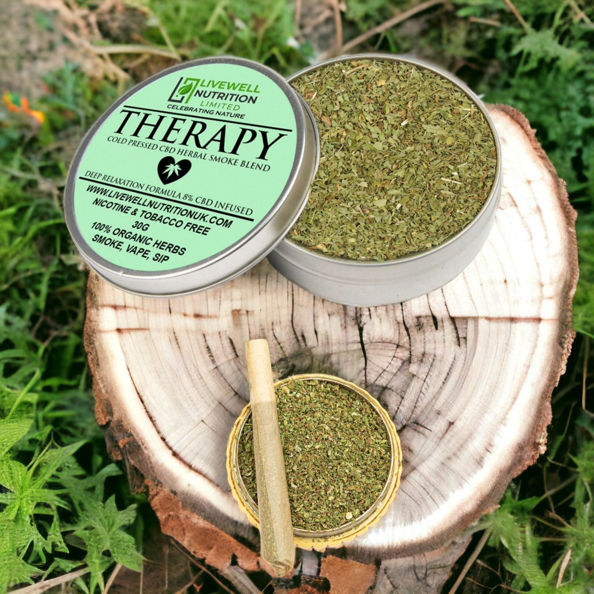 Therapy-Herbal Smoke Mix. Peaceful Serenity. 100% Nicotine Free. 100% Mixed Herbs. 30 grams