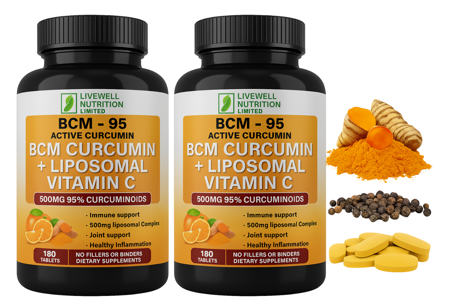 2X BCM Curcumin + Liposomal Vitamin C BCM-95 Active Curcumin  X1 VitaCap  180 Tablets