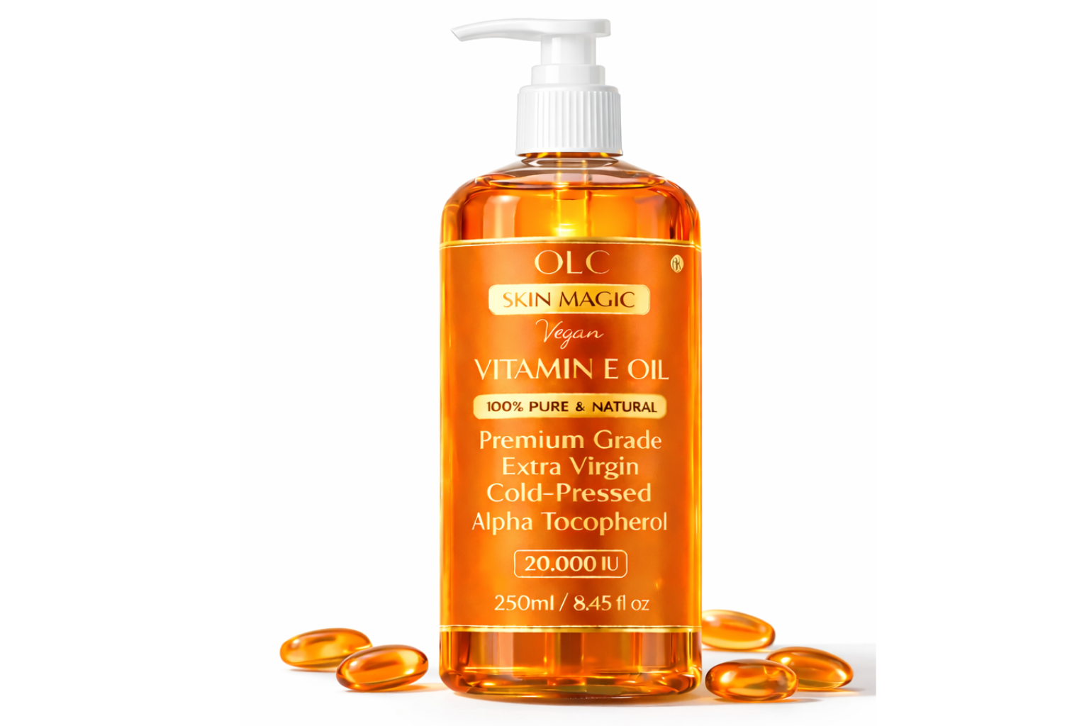 OLC Vitamin E Oil 20,000 IU – 100% Pure & Natural Cold-Pressed Vitamin E Oil for Skin, Face, Scars, Hair, Scalp & Nails | Non-GMO Verified | Deep Nourishing Hair & Body Oil | 250ml