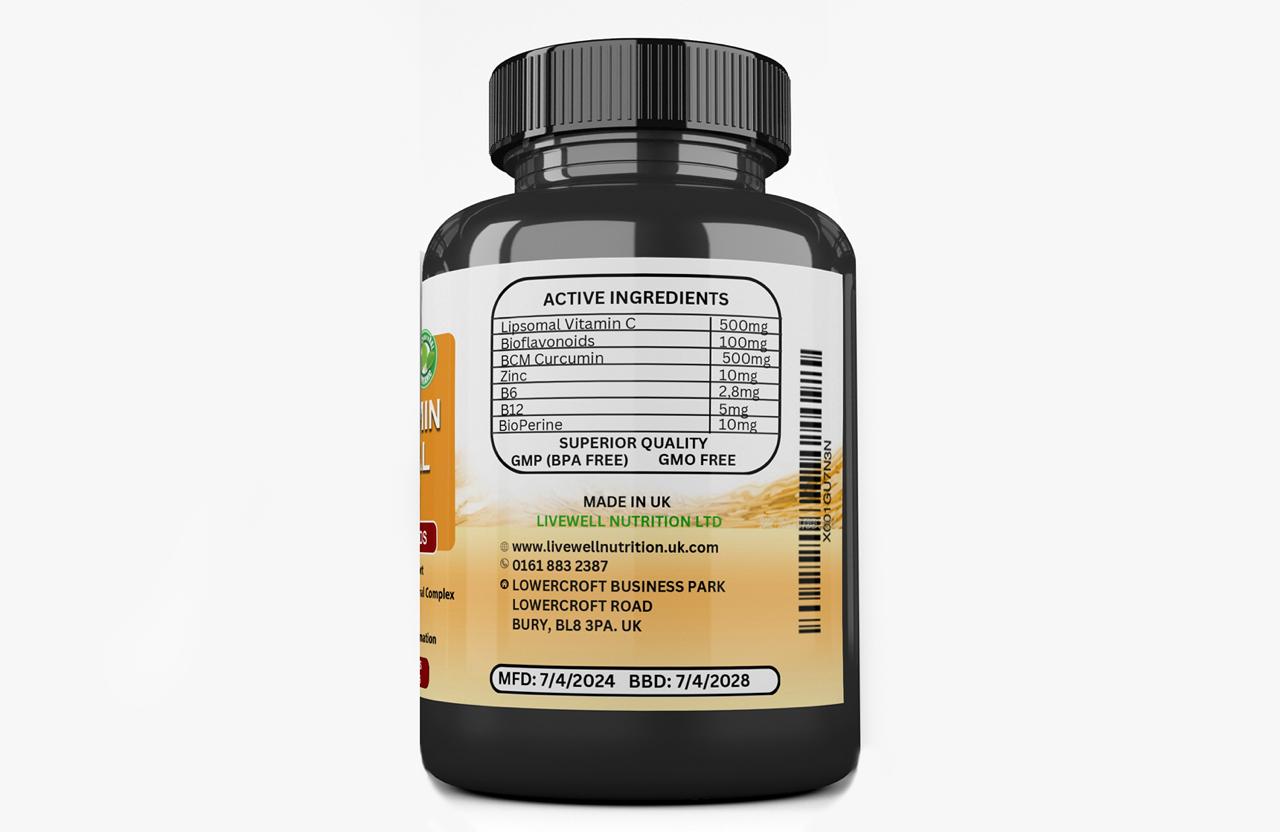 3X BCM Curcumin + Liposomal Vitamin C BCM-95 Active Curcumin  X1 VitaCap  180 Tablets